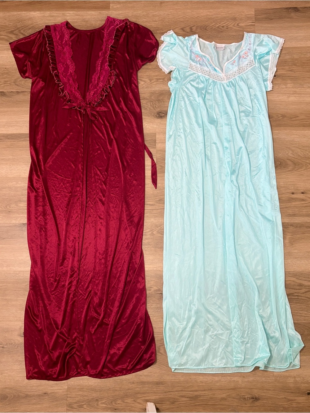 Vintage Long Satin Nightgowns - Burgundy & Light Aqua